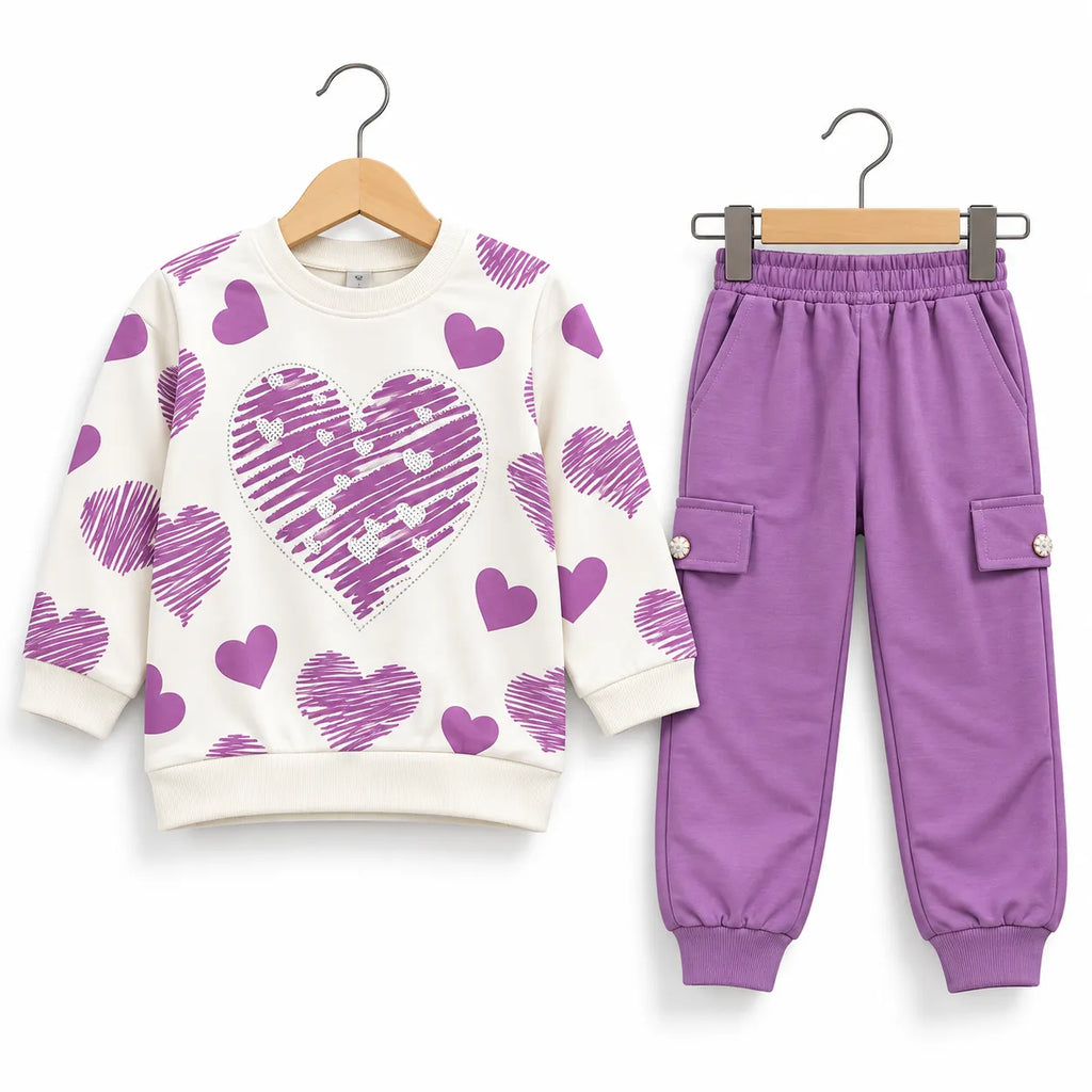 A children's two-piece outfit set featuring a cream sweatshirt with purple heart patterns and matching purple jogger pants, displayed on wooden hangers against a white background.