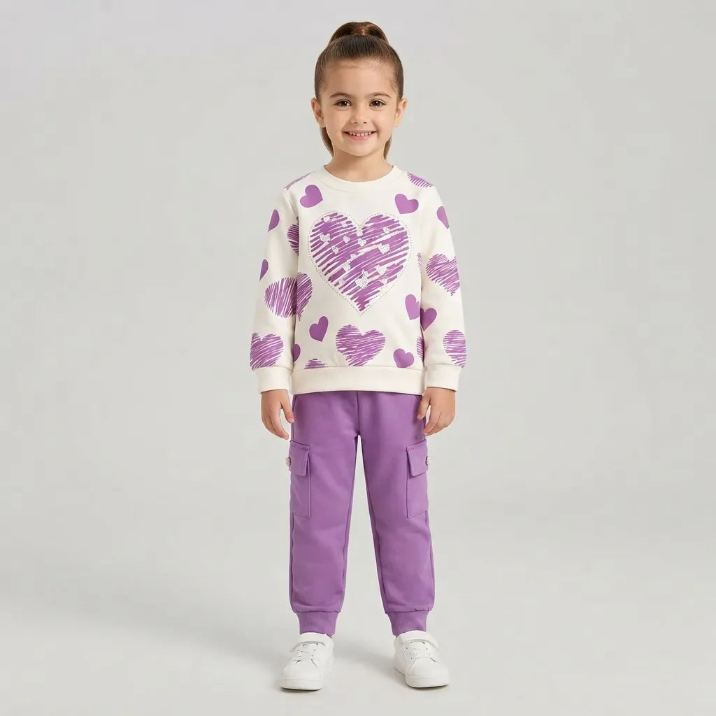 A young girl stands against a light gray studio background wearing a cream sweatshirt with purple heart patterns and purple cargo pants.