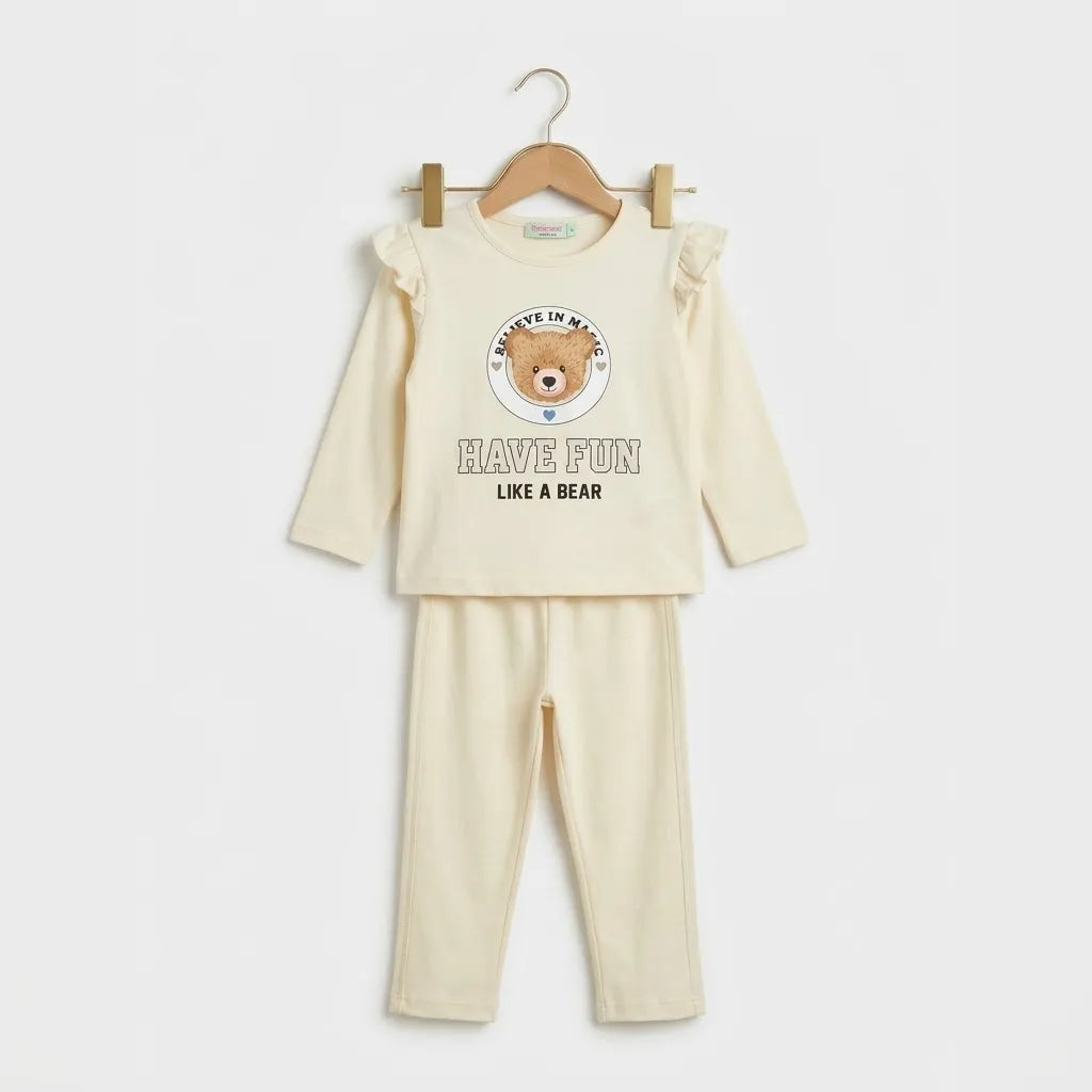 Girls Teddy Bear Print Ruffle Top & Pant Set – "Have Fun Like a Bear" Kids Outfit