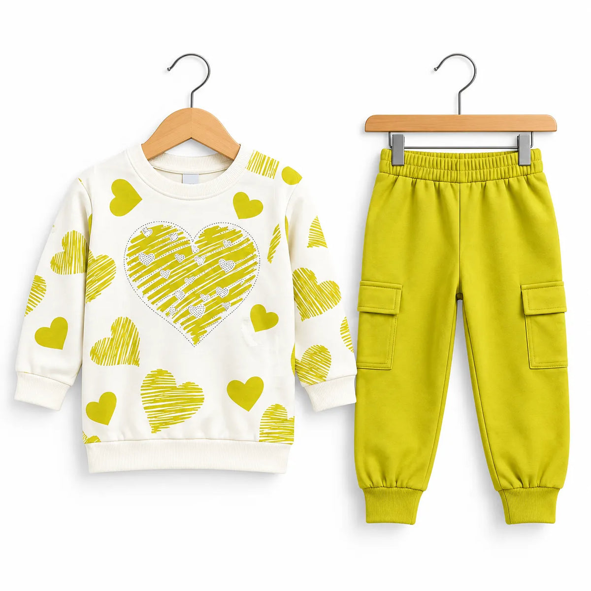 A two-piece children's outfit set featuring a cream sweatshirt with yellow heart patterns and matching yellow jogger pants, displayed on wooden hangers against a white background.