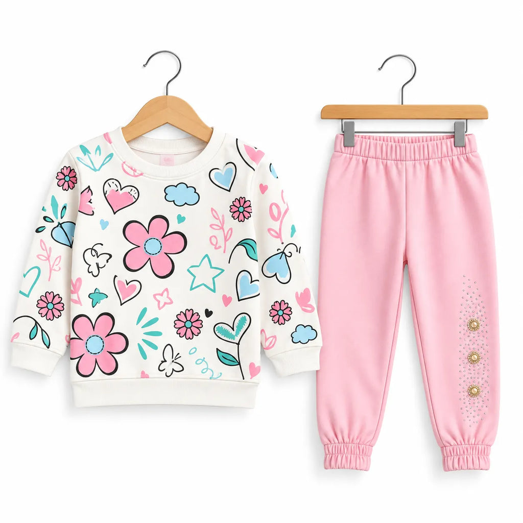 A children's two-piece outfit set featuring a long-sleeve sweatshirt and jogger pants on wooden hangers. The sweatshirt is off-white with a colorful pattern of pink flowers, blue hearts, and teal leaves.