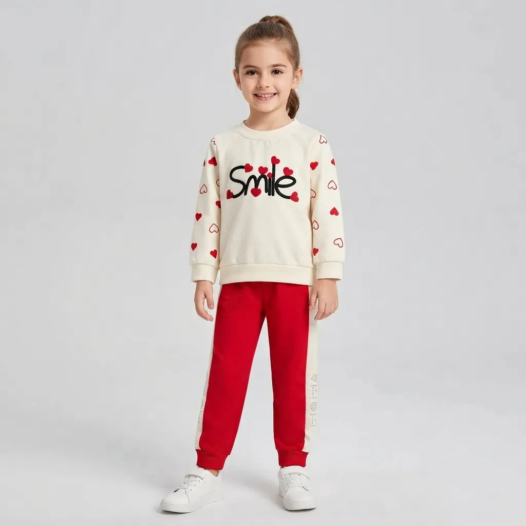 A young girl stands against a light gray studio background wearing a cream sweatshirt with red hearts and the word 'smile' in black, paired with bright red jogger pants and white sneakers.