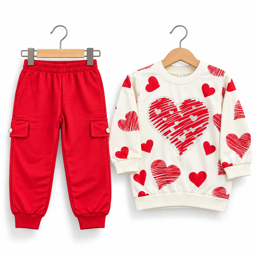A children's two-piece outfit set featuring red cargo pants and a cream sweatshirt with red heart prints, displayed on wooden hangers against a white background.