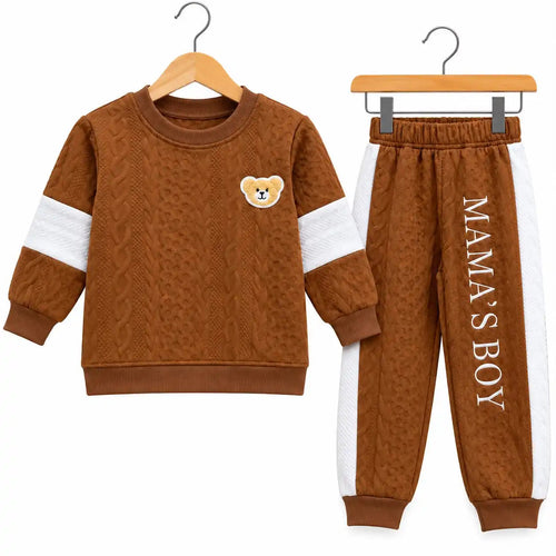Boys Mama's Boy Bear Patch Cable Knit Tracksuit - Brown Color