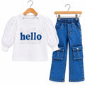 Girls Hello Puff Sleeve Top with Cargo Denim Pants - White Color