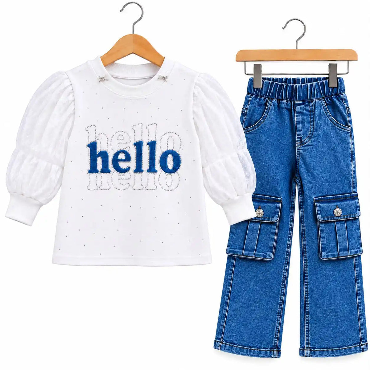 Girls Hello Puff Sleeve Top with Cargo Denim Pants - White Color