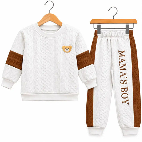 Boys Mama's Boy Bear Patch Cable Knit Tracksuit - White Color