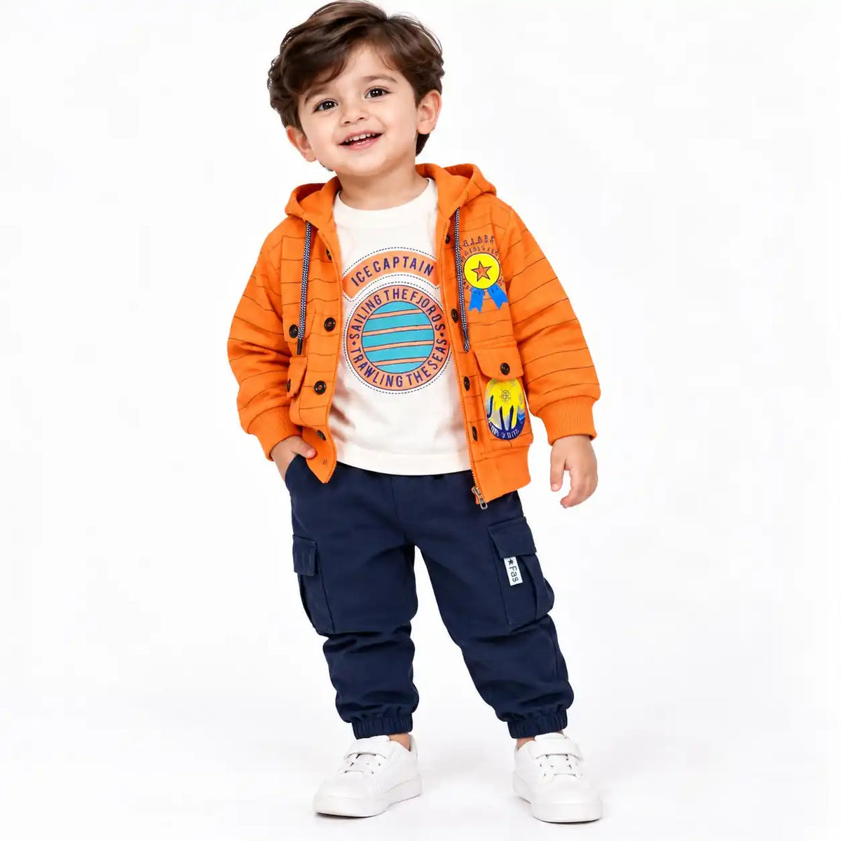 Boys Ice Captain 3-piece tracksuit set flat lay – orange hooded jacket, white graphic tee and navy cargo pants on hangers