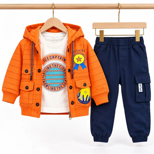 Young boy wearing Ice Captain orange hoodie jacket with graphic tee and navy blue cargo jogger pants – full outfit on model