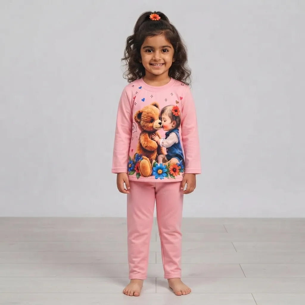 A young girl with dark curly hair wearing a pink two-piece pajama set. The long-sleeve top features a colorful graphic print of a teddy bear and a girl, while the matching pants are solid pink.