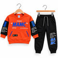 Boys winter cargo tracksuit orange sweatshirt with black sleeves and black jogger trouser