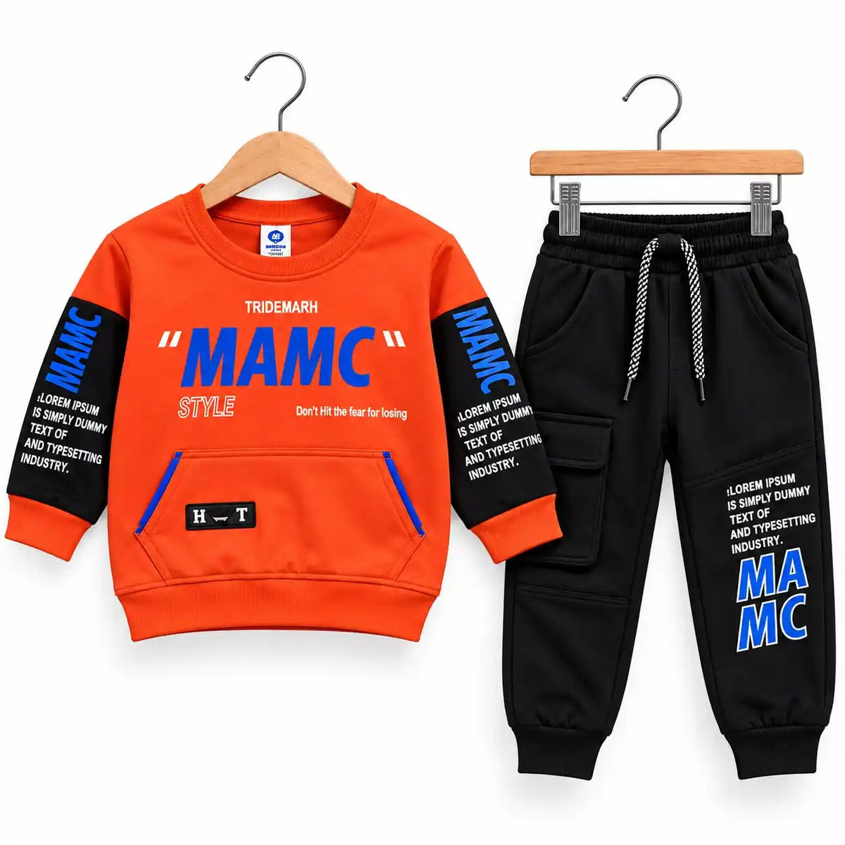 Boys winter cargo tracksuit orange sweatshirt with black sleeves and black jogger trouser
