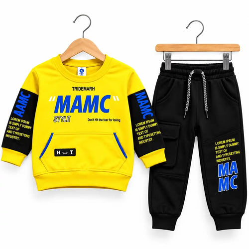 Boys winter cargo tracksuit yellow sweatshirt with black sleeves and black jogger trouser