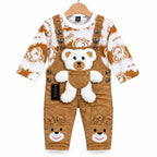 Camel brown teddy bear dungaree with 3D teddy pocket and printed shirt
