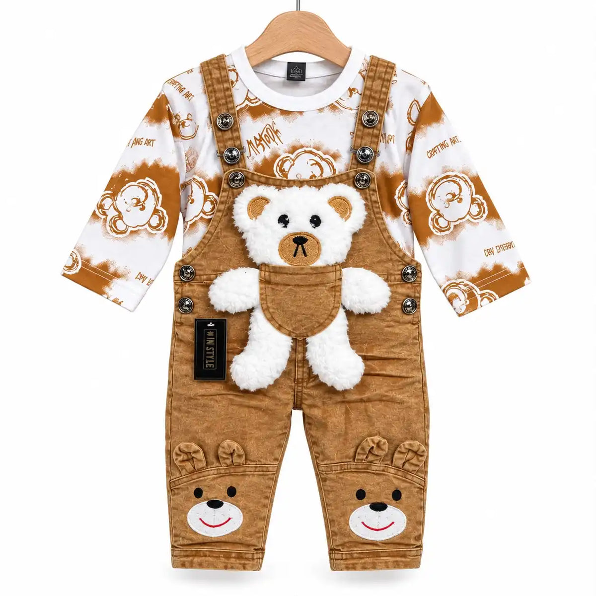 Camel brown teddy bear dungaree with 3D teddy pocket and printed shirt