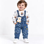 Baby boy wearing cool bear print denim dungaree set with teddy print shirt