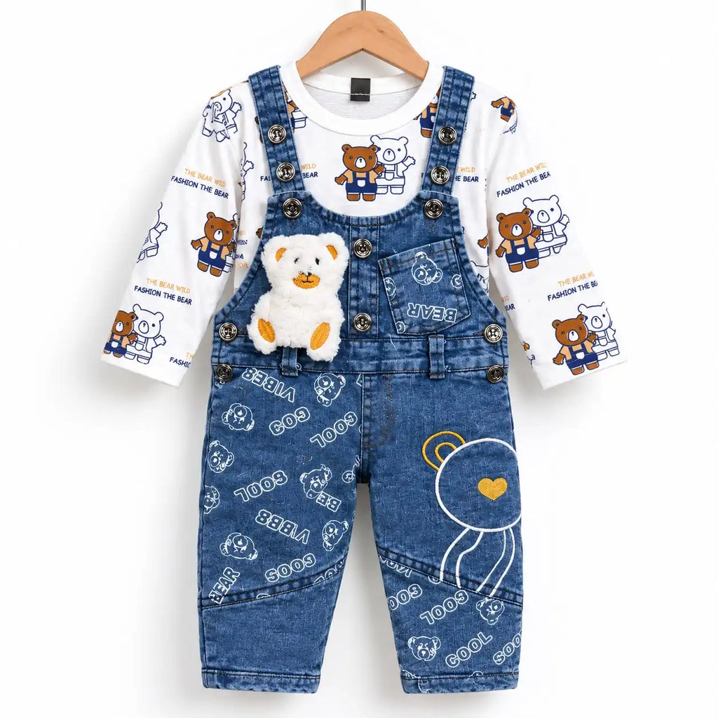 Cool bear print denim dungaree with 3D teddy and bear print shirt