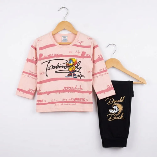 A children's two-piece outfit set featuring a light pink long-sleeve top with horizontal darker pink stripes, a cartoon duck graphic, and script text, paired with black pants that have a gold-toned duck graphic and text. The set is displayed on wooden hangers against a plain white background.