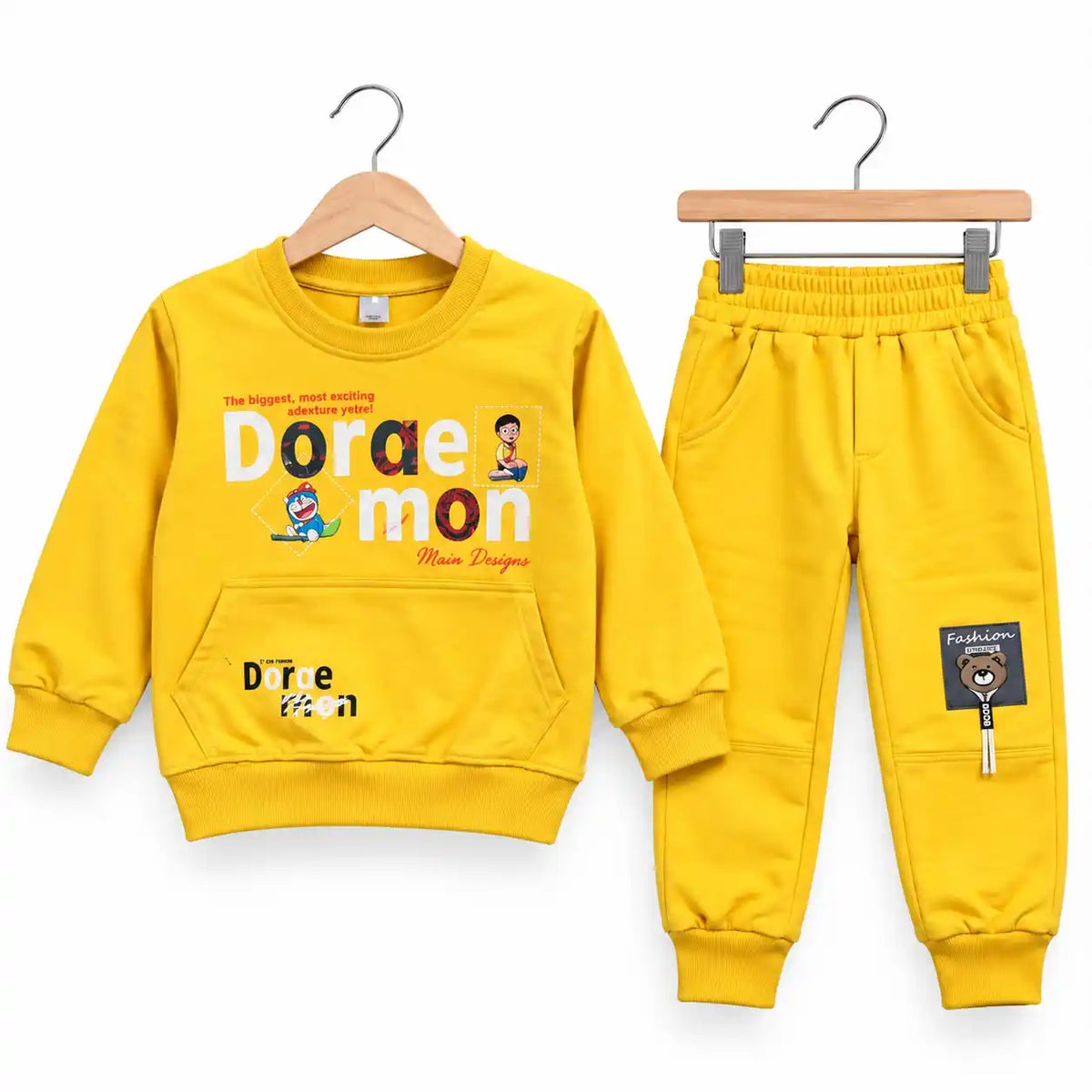 Doraemon Print Kids Winter Sweatshirt and Jogger Set in Yellow – Warm 2-Piece Co-ord for Boys
