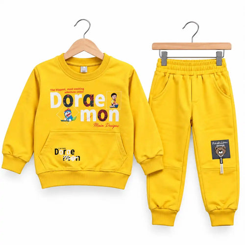 Doraemon Print Kids Winter Sweatshirt and Jogger Set in Yellow – Warm 2-Piece Co-ord for Boys