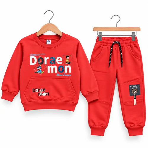 Doraemon Print Kids Winter Sweatshirt and Jogger Set in Red – Cozy Fleece Winter Co-ord