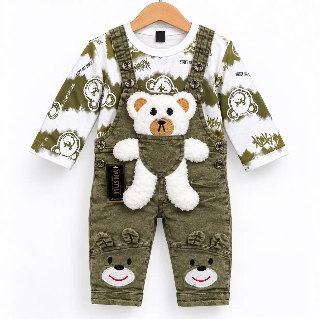 Olive green teddy bear dungaree with 3D teddy pocket and printed shirt