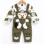 Olive green teddy bear dungaree with 3D teddy pocket and printed shirt
