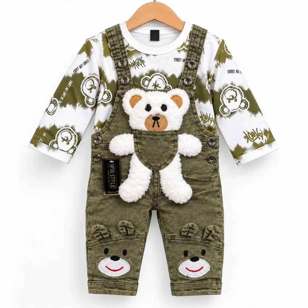 Olive green teddy bear dungaree with 3D teddy pocket and printed shirt