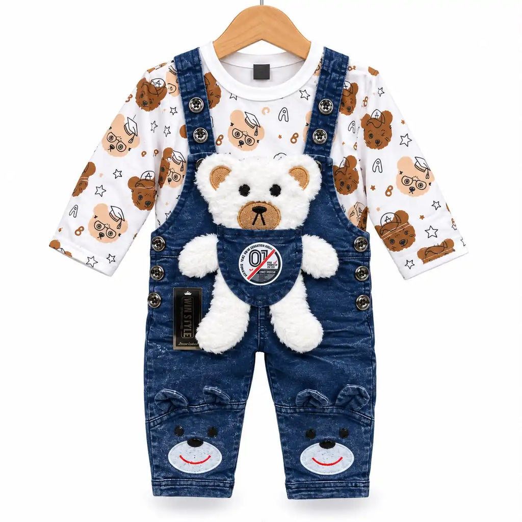 Teddy bear denim dungaree with 3D teddy pocket and bear print shirt