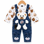 Teddy bear denim dungaree with 3D teddy pocket and bear print shirt