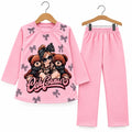 A two-piece children's pajama set on wooden hangers, featuring a long-sleeve pink top with a cartoon girl, teddy bears, and bow print, and matching pink pants.